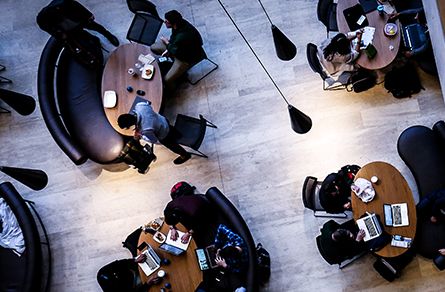 Overhead view of people in cafe